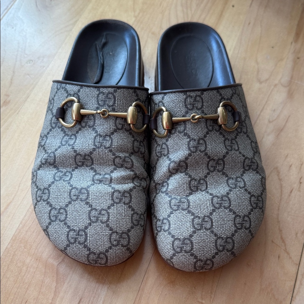 Gucci Beige Brown GG Canvas Horsebit Mules